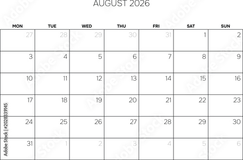 August 2026 Professional Calendar Grid Clean Minimalist Monthly Planner