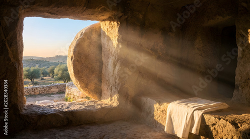 Bright morning sunlight rays shining into empty stone tomb cave with folded linen clothes on slab