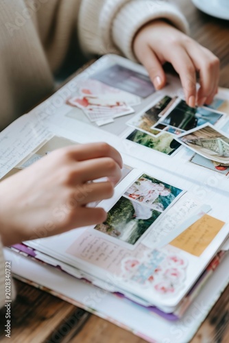 Hands carefully arranging photos and stickers in a scrapbook on a wooden table
