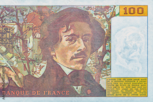 France 100 Francs 1990.Рortrait Ferdinand Victor Eugene Delacroix, French Romantic painter born in Saint Maurice, Val-de-Marne in 1798.World money collection.Bonistics.