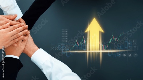 Cuadro en lienzo A group of hands united in support against a backdrop of rising financial charts