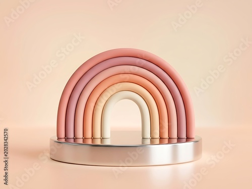 Pastel rainbow arch on metallic stand minimalist product display