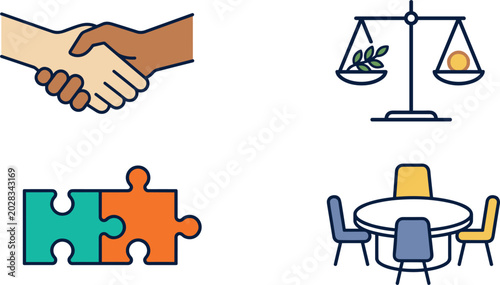 Bild auf Leinwand Business Ethics and Corporate Compliance Icon Set with Handshake Justice Scale P