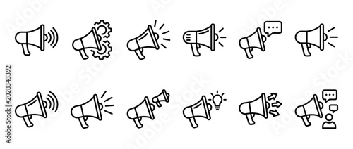 Megaphone line icon set with various symbols representing marketing, communication, and promotion concepts for advertising, news alerts, public announcements, and digital campaigns