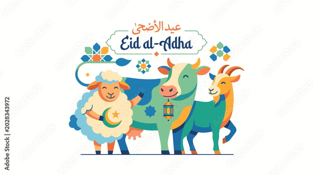 Naklejka premium Eid al-Adha greeting card featuring a sheep, cow, and goat, symbolizing sacrifice during the Islamic festival