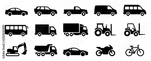 Large set of black vehicle icons including cars, trucks, buses, and construction machinery presented in a clean, minimalist silhouette style for transportation and logistics concepts