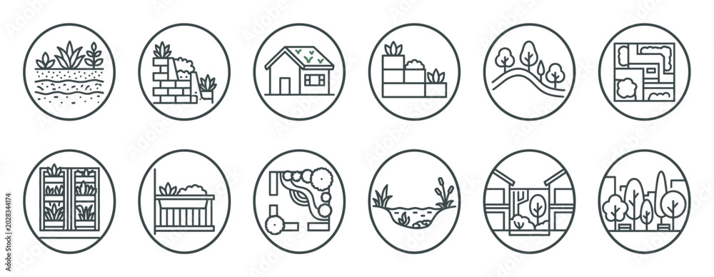 Fototapeta premium Set of landscape design line icons representing gardening, urban greening, and architecture elements like green roofs, vertical gardens, parks, and backyard planning in a minimalist style