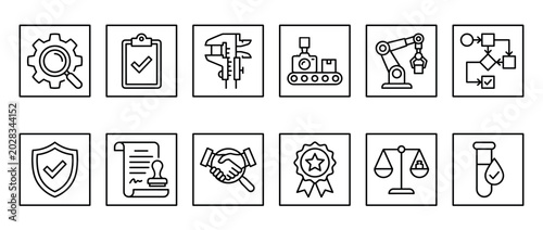 Set of quality control line icons representing manufacturing, certification, and standards for industrial processes, including automation, inspection, compliance, and workflow symbols