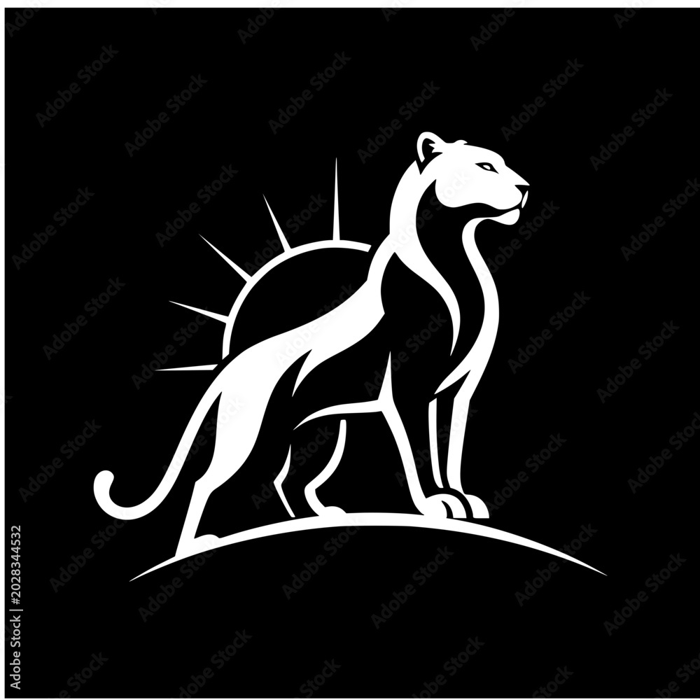 Fototapeta premium Minimalist white panther silhouette logo with elegant curves, standing beside a rising sun on a dark background, creating a bold and modern farm-inspired emblem.