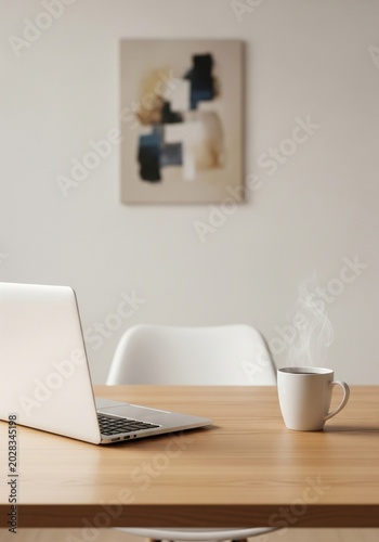 Laptop Coffee Mug and Wall Art on a Wooden Desk Indoor Setup