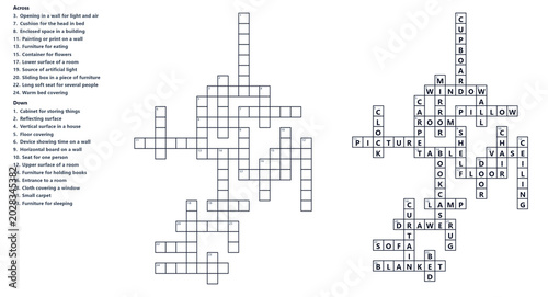 Crossword puzzle with clues for word games and brain exercise on the topic of the House & Furniture