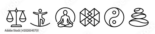 Set of black line icons representing balance, harmony, justice, and spirituality in a minimalist outline style for wellness and mindfulness concepts