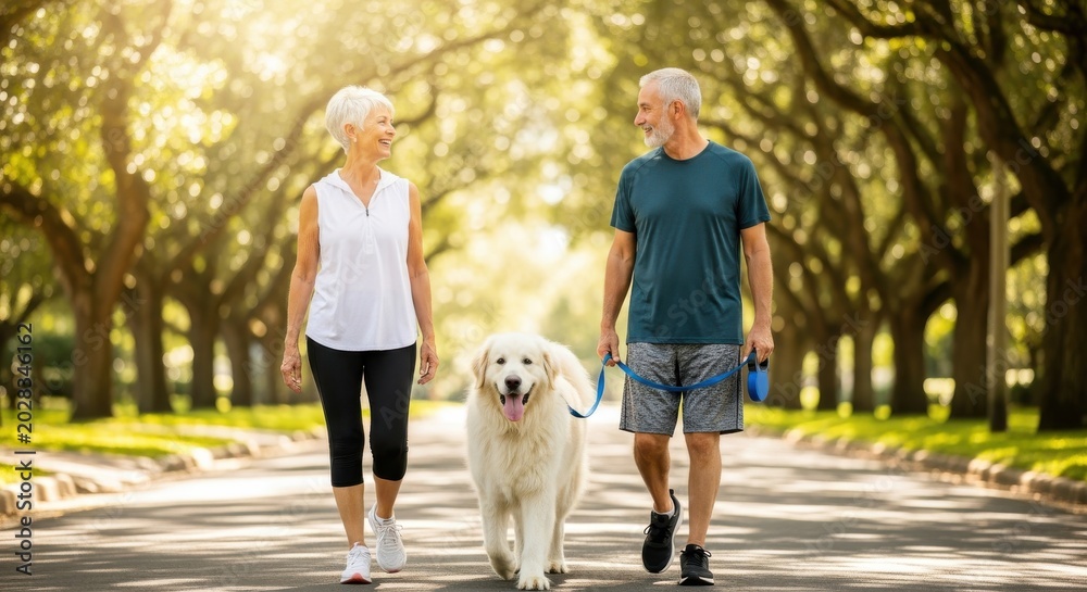 Obraz premium Happy Senior Couple Walking Their Large White Dog in a Sunlit Park During Summer