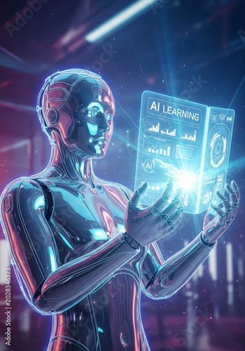 Chrome Robot Holding Glowing Digital Tablet in Industrial Setting
