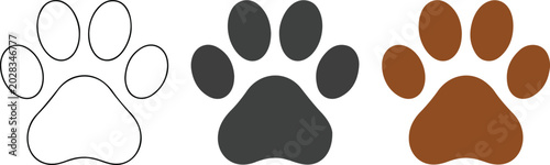 Minimalist animal paw print vector illustration set featuring line outline solid silhouette and flat colored icons for pet design themes