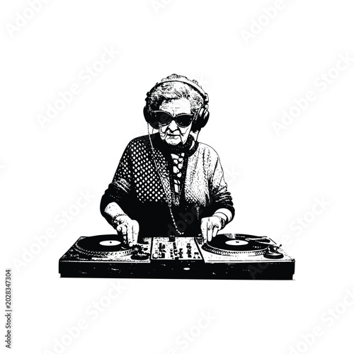 Black and white illustration of cool DJ grandma wearing sunglasses and retro vintage style vector art