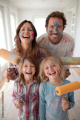 A family decorating a new home, paint streaks on faces, laughing while holding rollers, bright and airy