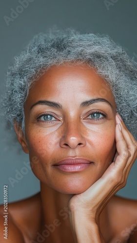 Close-up portrait of a beautiful older woman with striking grey curly hair and warm, confident expression.