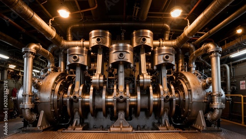 Massive marine engine in industrial ship engine room