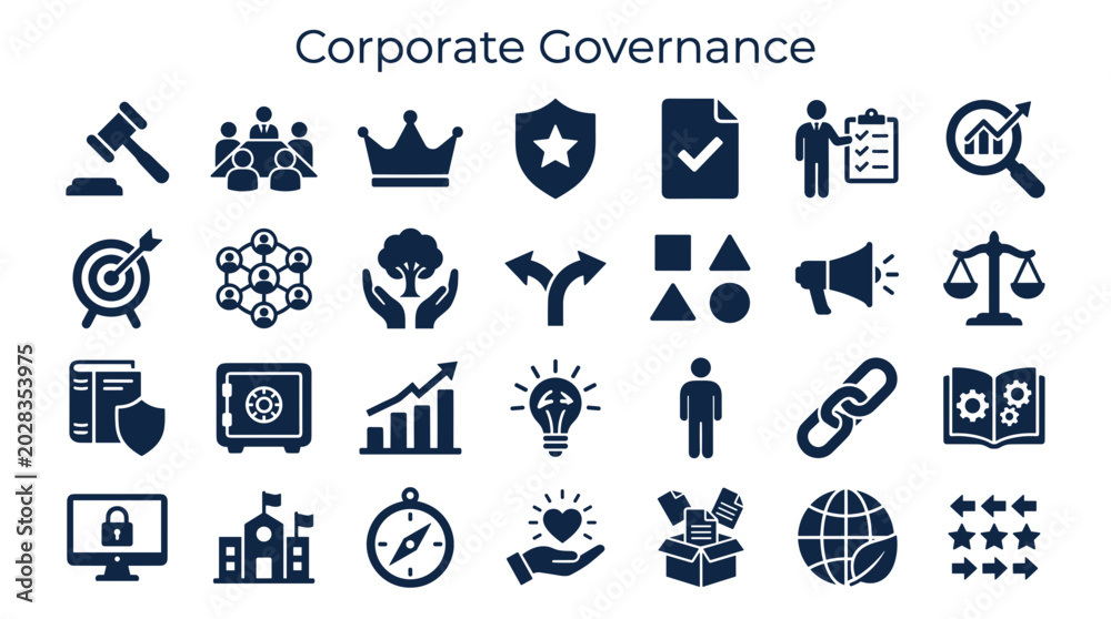 Fototapeta premium Corporate Governance Icons Set Business Strategy Decision Making Legal Compliance Ethics Management and Organization Symbols