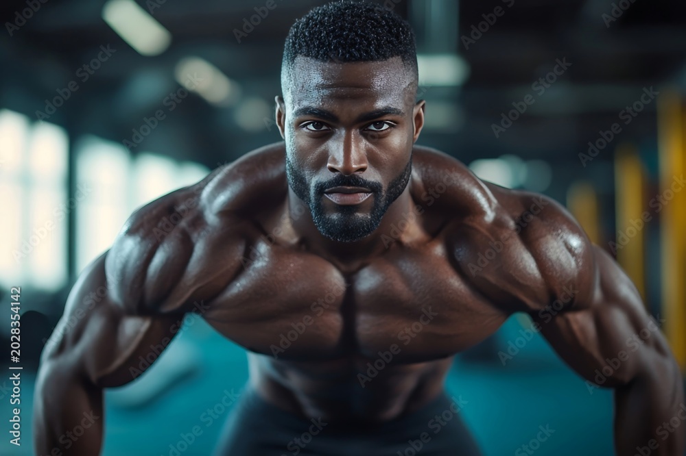 Fototapeta premium Powerful black man with muscular physique and determined expression intensely focuses in a gym setting.
