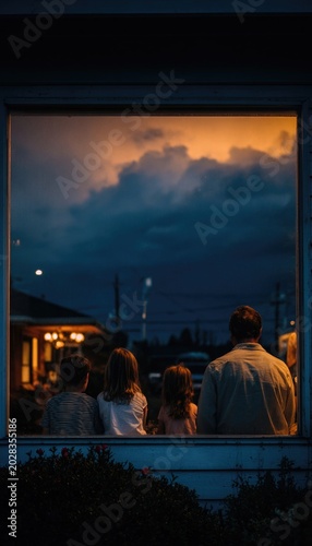 A family of four looking out a large window at a thunderstorm, cozy inside, reflections on the glass, contrast between dark sky and warm home
