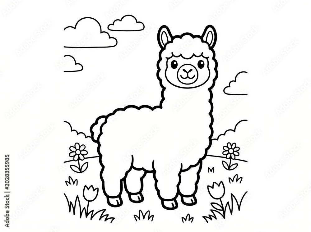 Naklejka premium Cute cartoon llama cartoon character in a whimsical landscape with flowers and clouds