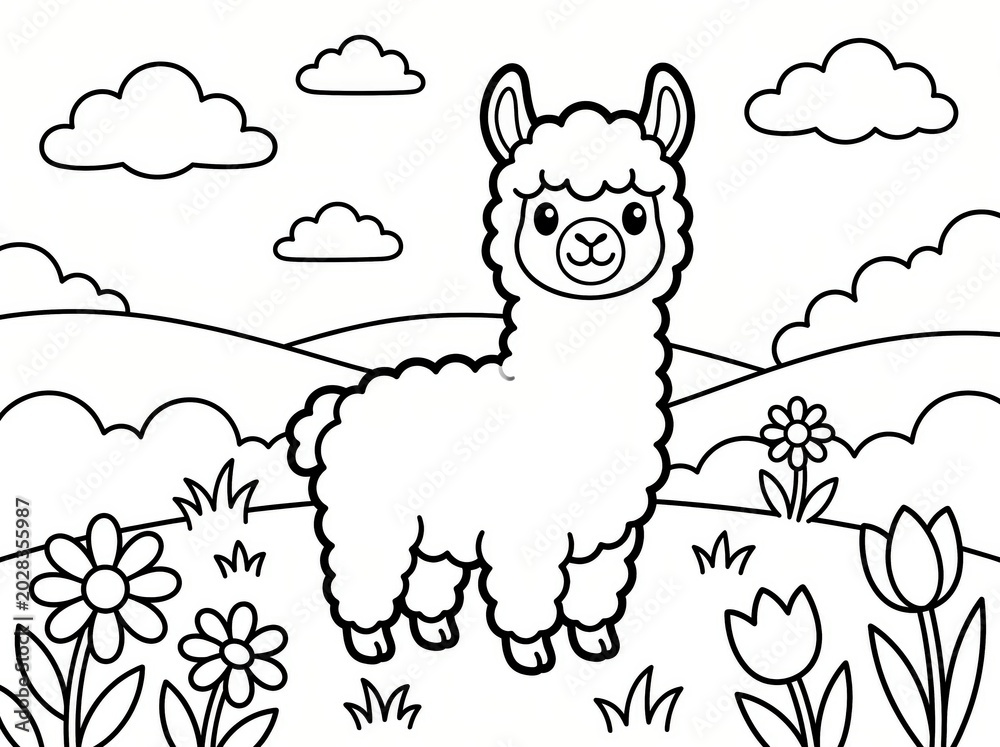 Naklejka premium Cute Alpaca in a Colorful Meadow Filled with Flowers and Scenic Clouds in Black and White Outline