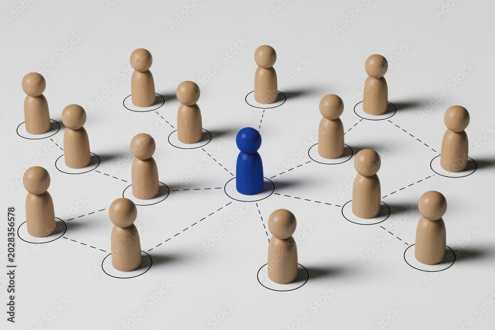 Obraz premium Central blue wooden human figure connected to multiple light brown figures in a network with dashed lines and circles, symbolizing community or connection on a light grey background.
