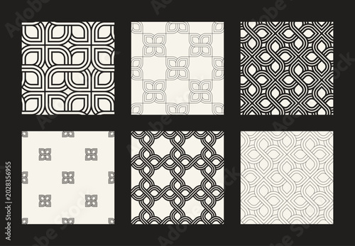 Seamless pattern set. Striped geometric weaves. Endless stylish surface design. Ripple monochrome background. Linear weaved grid. Thin interlaced swatches.
