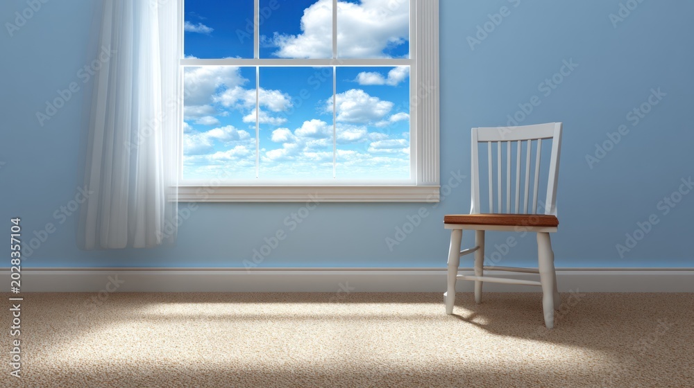 Fototapeta premium Chair by window with sky view interior scene daylight copy space