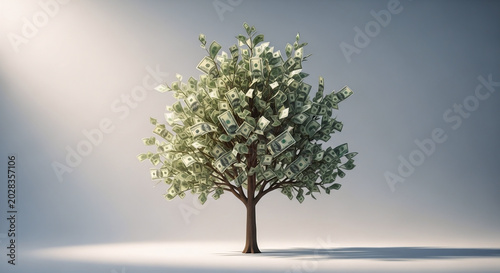 Illustrated money tree with dollar banknotes as leaves on white background representing financial growth wealth and investment concept