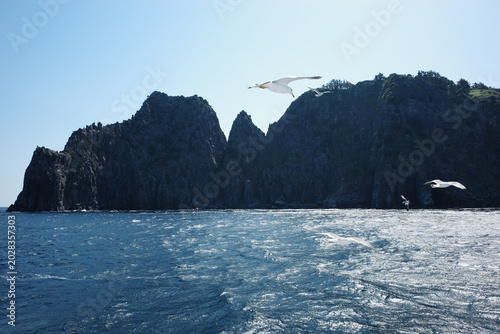 Tropical limestone karst islands and cliffs and sea