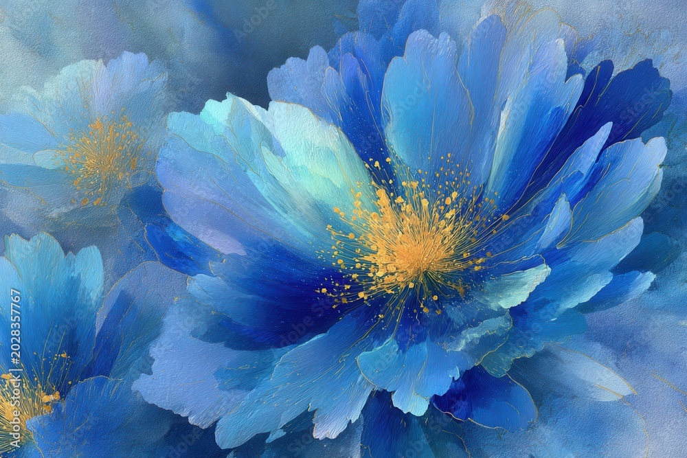 Obraz premium Close up abstract macro of vibrant blue flower petals with gold accents and detail.
