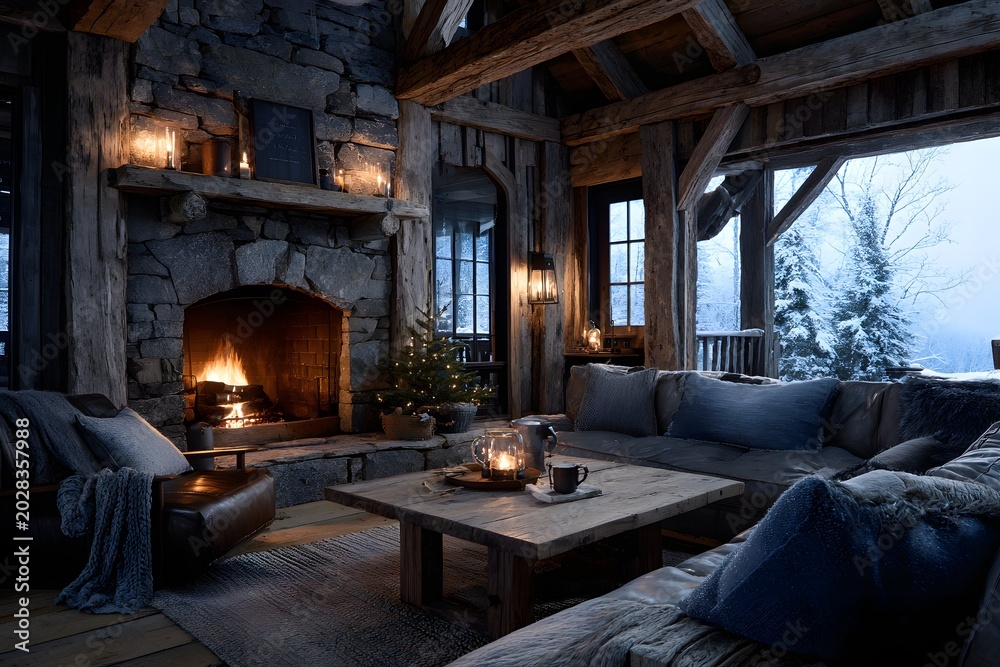 Fototapeta premium Holiday mountain cabin gathering bubbles like a cozy fire with laughter and warm mugs.