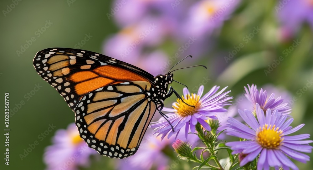 Obraz premium Monarch Butterfly Feeding on Purple Aster Flowers in a Sunny Garden Macro Photography