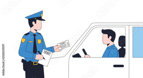Police officer issuing a traffic ticket to a driver in car illustration
