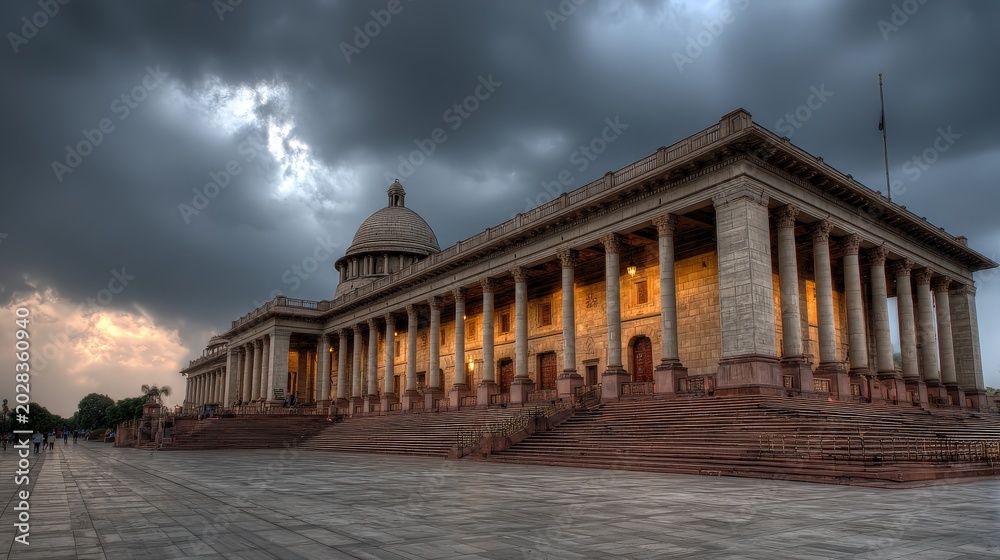 Obraz premium Majestic neoclassical architecture stands beneath a dramatic stormy sky.