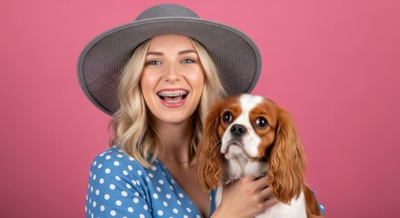 Happy Young Woman with Braces Wearing a Hat and Holding her Cavalier King Charles Spaniel Dog on Pink Background
