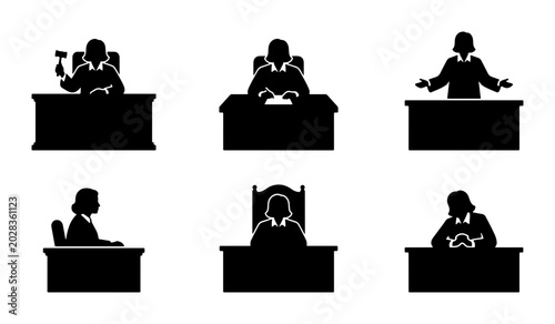 Cuadro en lienzo Judge Silhouettes Collection: Courtroom Justice Icons, Legal Authority Figures,