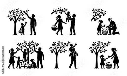 Foto Family Apple Picking Silhouettes, Orchard Harvest Vector Icons, Autumn Seasonal