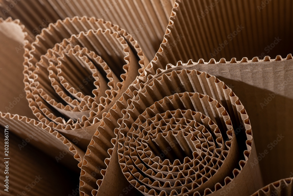 Obraz premium Rolled corrugated cardboard in close up. Brown paperboard texture with layered curves and ridges. Industrial packaging background for recycling and design..