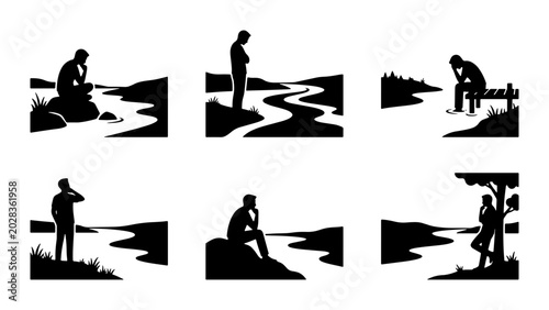 Foto Contemplative Figures, Solitude, Nature Scenes, Vector Silhouettes, Reflective M