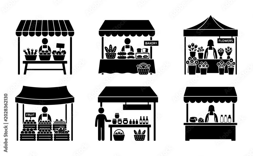 Naklejka premium Market Stall Icons, Vendor Booth Illustrations, Retail Kiosk Graphics, Small Business Stand Vector Set