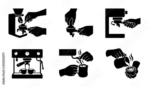 Foto Espresso Machine Icons Set, Coffee Making Process Vector Graphics, Barista Tools