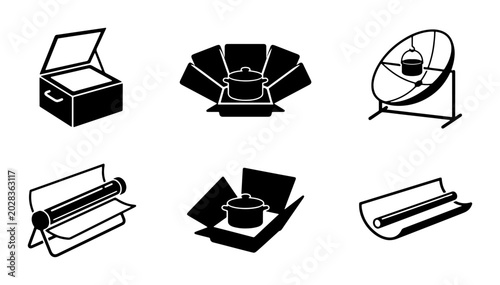 Schilderij op canvas Solar Cooker Icons, Renewable Energy Devices, Sustainable Cooking Technology, Ec