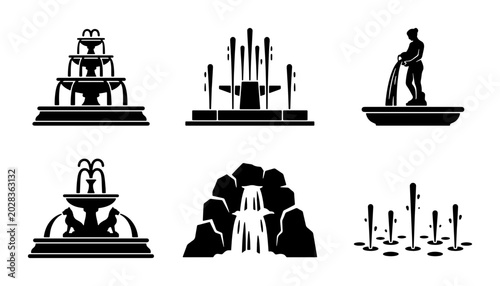 Bild auf Leinwand Vector Fountain Icons Set: Water Features, Garden Elements, Landscape Design, Ci