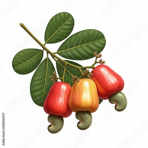 Vibrant Cashew Cluster: Lush Leaves & Ripe Fruit, Detailed Illustration