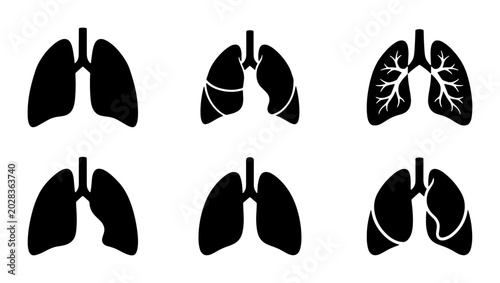 Set of Six Lung Icons, Respiratory System Vector Graphics, Human Anatomy Illustrations