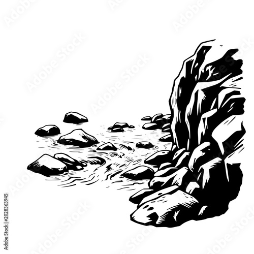 Tableau sur toile A black and white vector illustration of a rocky river edge silhouette with large boulders and rocks in the water, creating a scenic landscape